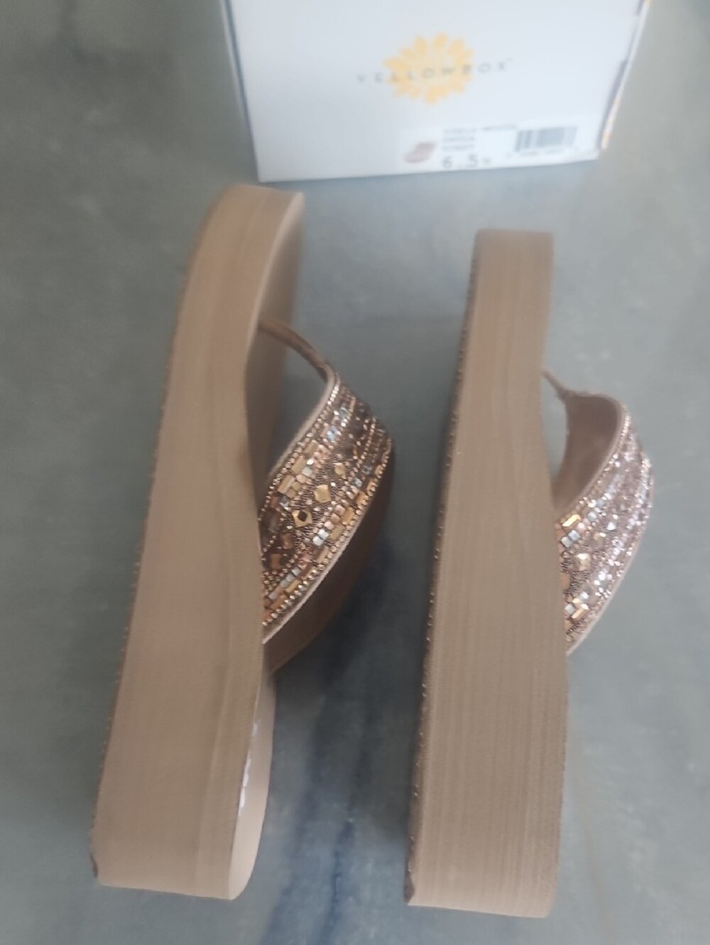 Yellow Box Beaded Taupe Platform Thong Sandals - Picture 6 of 9